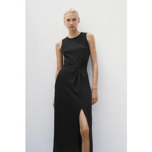 Rochie midi cu slit frontal si fronseu - Negru imagine