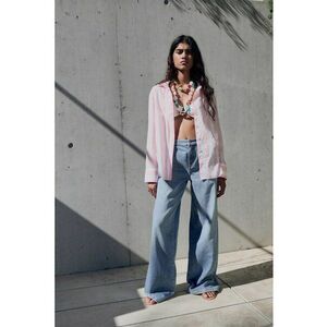 Camasa din bumbac cu model in dungi - Alb/Roz pastel imagine