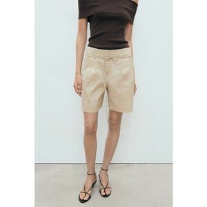 Pantaloni scurti relaxed fit de in cu cordon subtire in talie - Bej imagine