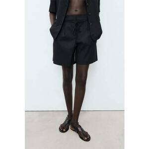 Pantaloni scurti relaxed fit de in cu cordon subtire in talie - Negru imagine