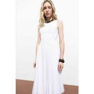 Rochie midi cu decolteu la baza gatului - Alb optic imagine