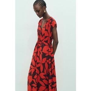 Rochie midi cu croiala in A si decolteu in V - Rosu/Negru imagine