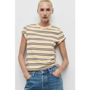 Tricou cu decolteu la baza gatului si model in dungi - Alb/Negru/Maro camel imagine