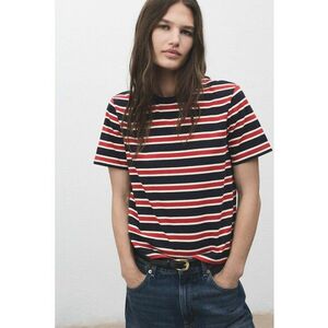 Tricou cu decolteu la baza gatului si model in dungi - Rosu/Albastru ultramarin imagine