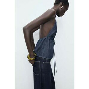 Top din denim cu decolteu halter si sireturi frontale - Bleumarin imagine