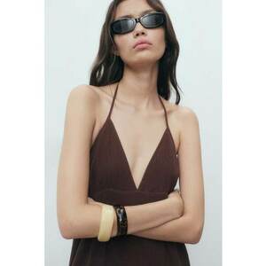 Rochie midi de bumbac texturat cu decolteu in V - Maro inchis imagine