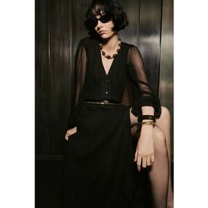 Rochie cu maneci bufante si decolteu in V - Negru imagine