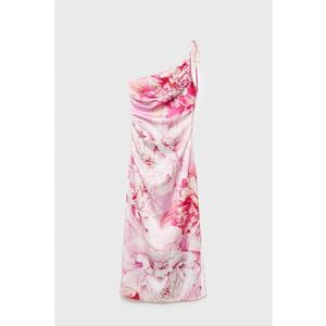 Rochie cu model floral si decolteu pe un umar - Fucsia/Roz imagine
