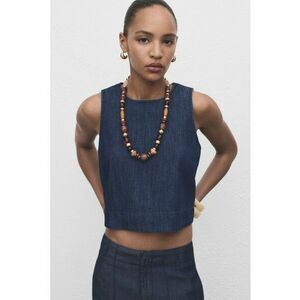 Top crop din denim din amestec de lyocell - Albastru inchis imagine