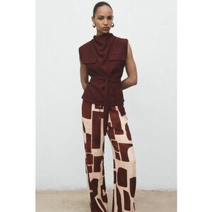 Pantaloni cu croiala ampla - model si snur de ajustare in talie - Maro cognac/Bej imagine