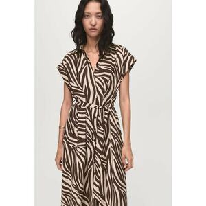 Rochie midi cu imprimeu si cordon - Maro/Bej imagine
