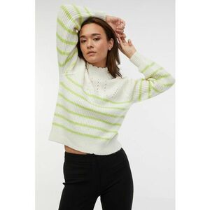 Pulover cu model in dungi si guler mediu - Alb/Verde lime imagine