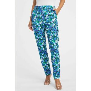 Pantaloni cu talie inalta si model floral - Alb/Verde/Albastru imagine