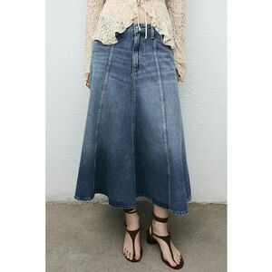 Fusta midi evazata din denim - Albastru melange imagine
