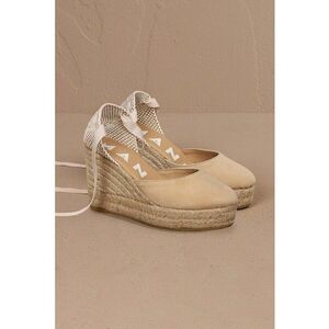 Sandale wedge de piele cu bareta infasurabila - Bej deschis imagine