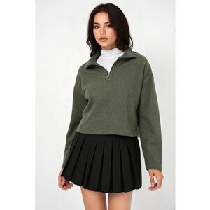 Pulover dama - HiCCUP - Relaxed Fit Crop - guler cu fermoar - verde - bumbac si poliester - Kaki imagine