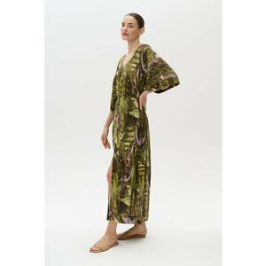 Rochie din amestec de in cu imprimeu floral - Verde masliniu/Roz imagine