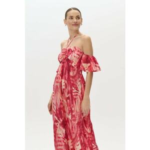 Rochie maxi cu decolteu pe umeri - Rosu/Bej imagine