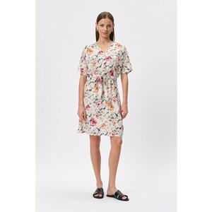 Rochie cu decolteu in V si model floral - Rosu/Piersica imagine