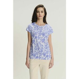Tricou cu model floral si decolteu rotund - Albastru lavanda/Crem imagine