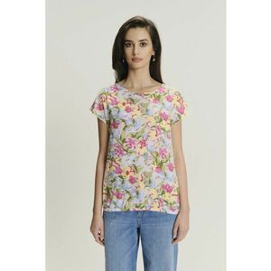 Tricou cu model floral si decolteu rotund - Verde/Galben/Roz prafuit imagine