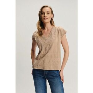 Tricou texturat de bumbac cu decolteu in V - Maro camel imagine