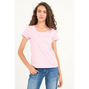 Tricou cu logo decorat cu strasuri si decolteu rotund - Roz pastel imagine