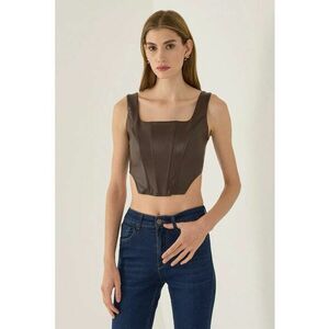 Top corset din piele ecologica - bretele groase - maro - textil imagine