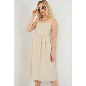 Rochie midi dama - HiCCUP - cu decolteu patrat - viscoza/nylon - bej imagine