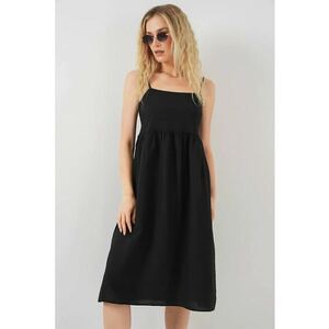 Rochie midi dama - HiCCUP - cu decolteu patrat - viscoza/nylon - negru imagine