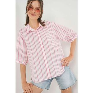 Camasa dama HiCCUP din poplin cu dungi - maneci trei sferturi - roz pudrat - textil imagine