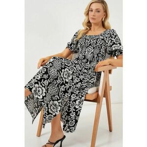 Rochie midi - HiCCUP - imprimeu floral - guler patrat - crapatura - negru - viscoza imagine