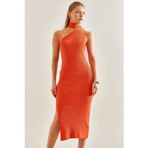 Rochie midi tricotata guler inalt - decupaje elegante - portocalie - viscoza - imagine