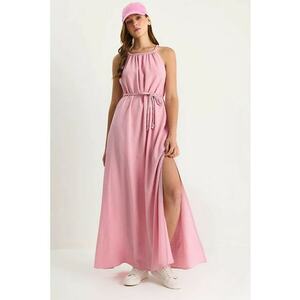 Rochie midi - HiCCUP - decolteu halter - roz pudrat - poliester si lycra imagine