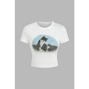 Tricou scurt dama - bumbac - cu imprimeu.multicolor - Alb imagine