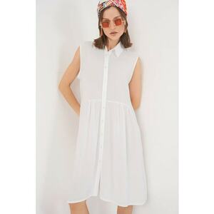 Rochie midi - HiCCUP - fara maneci - cu nasturi - alb - material usor imagine