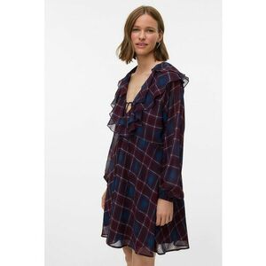 Rochie cu decolteu in V si model in carouri - Albastru inchis/Violet tyrian imagine
