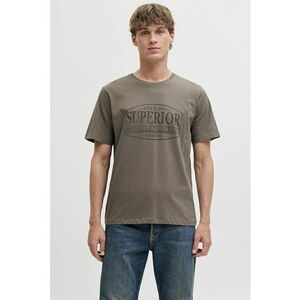 Tricou de bumbac cu imprimeu si decolteu la baza gatului - Maro taupe imagine