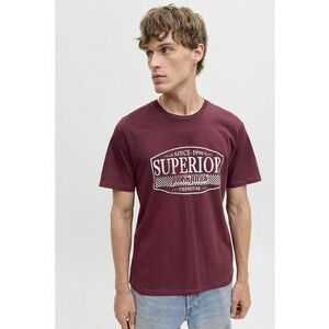Tricou de bumbac cu imprimeu si decolteu la baza gatului - Visiniu imagine