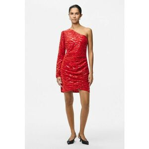 Rochie scurta cu paiete si decolteu pe un umar - Rosu vermillion imagine