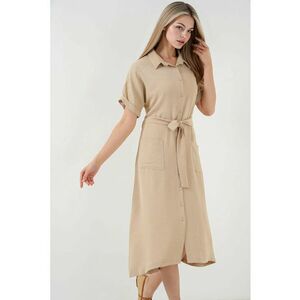 Rochie midi HiCCUP texturata cu guler camasa si buzunare - bej - poliester-elastan imagine