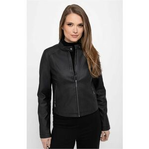 Jacheta dama - piele ecologica - fermoar - guler ridicat cu clapa - J-Fittya - Negru - Negru imagine