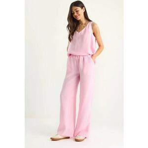 Compleu dama - tricou elegant si pantaloni largi - poplin - roz imagine