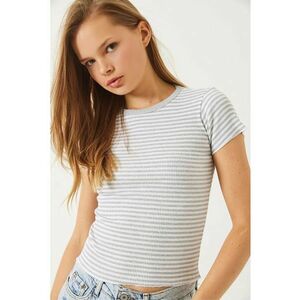 Tricou dama - top scurt cu dungi - maneca scurta - alb/ gri - bumbac imagine