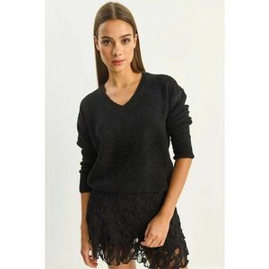 Pulover tricotat dama - texturat - decolteu in V - Negru - imagine