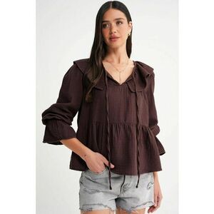 Bluza dama HiCCUP - cu guler sal - volane - maro - textil imagine