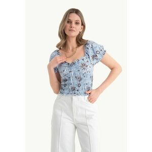 Top - floral - decolteu inima - maneci bufante - multicolor - jerseu imagine