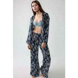 Set pijamale dama - satin imprimat - guler elegant - albastru imagine