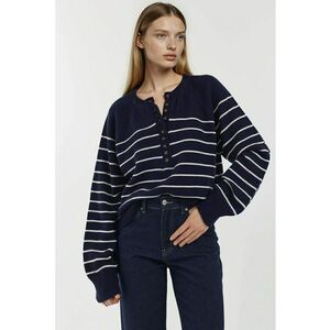 Pulover dama - cu dungi - detalii cu nasturi - bleumarin - tricot - Albastru marin imagine