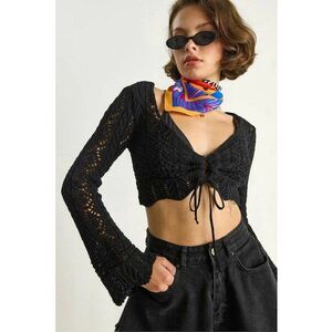 Bluza dama - bolero crop - maneca lunga - decolteu in V - negru - tricot - imagine